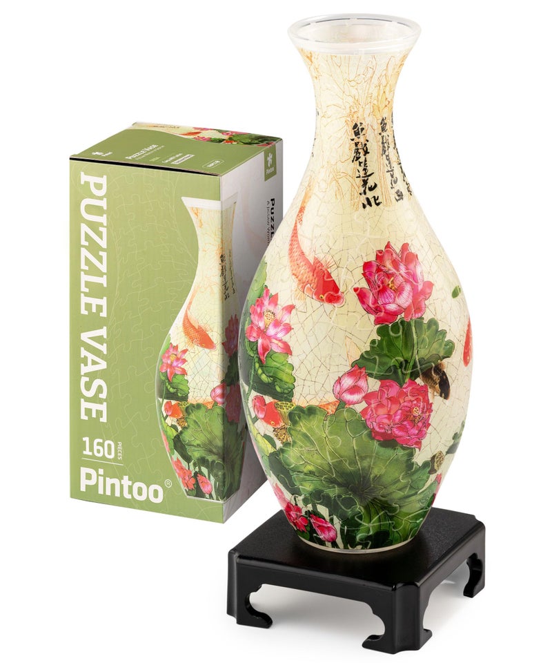 Pintoo 3D Puzzle Vase Unique Flower Vase Made by 160 Curved Plastic Puzzle Pieces House Warming Gift for Flower Arrangements and Home Decoration - [S1024] (Translucent, Carp with Lotus) - Image 1